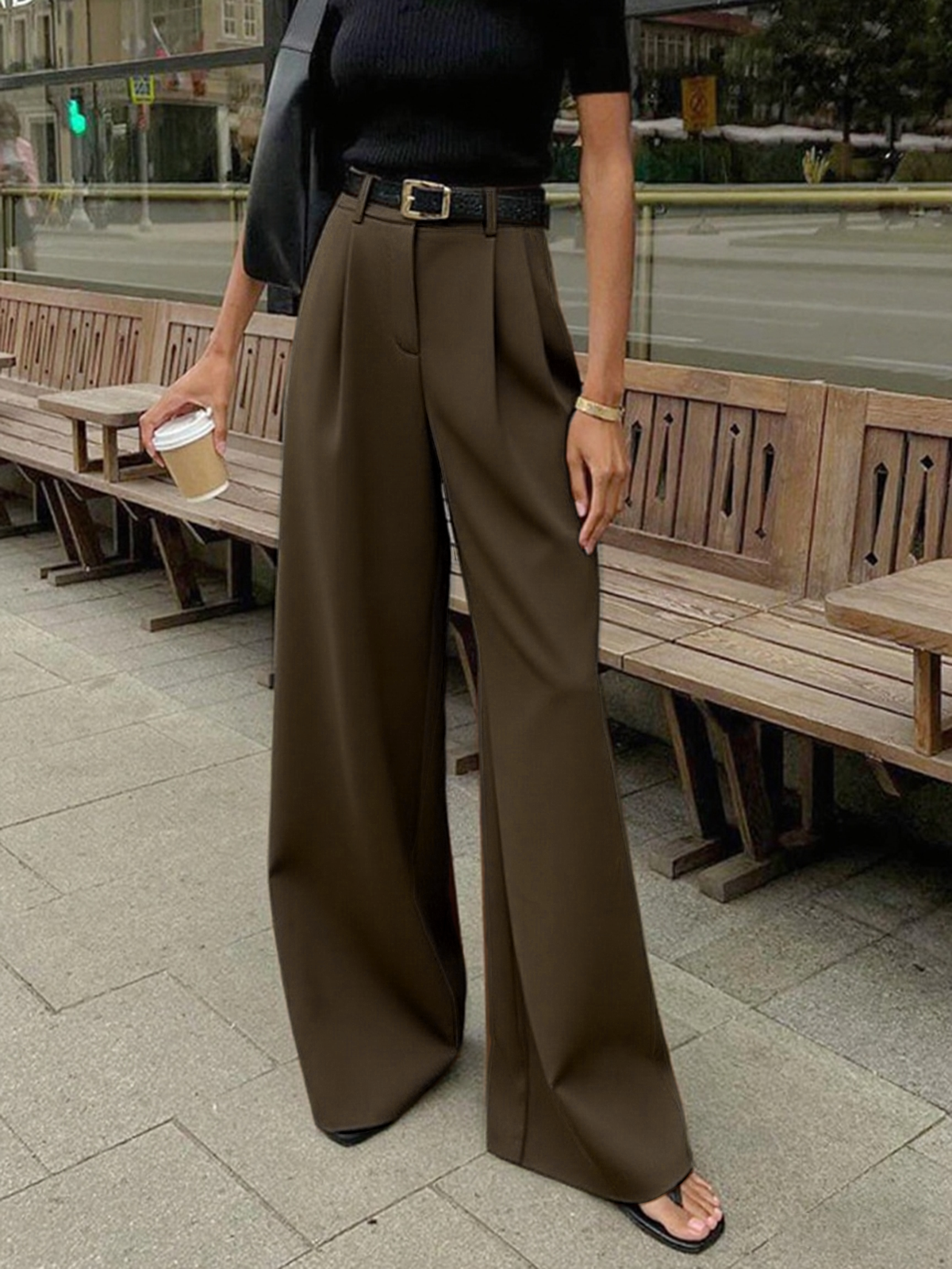 Pantalones anchos lisos sin cinturón