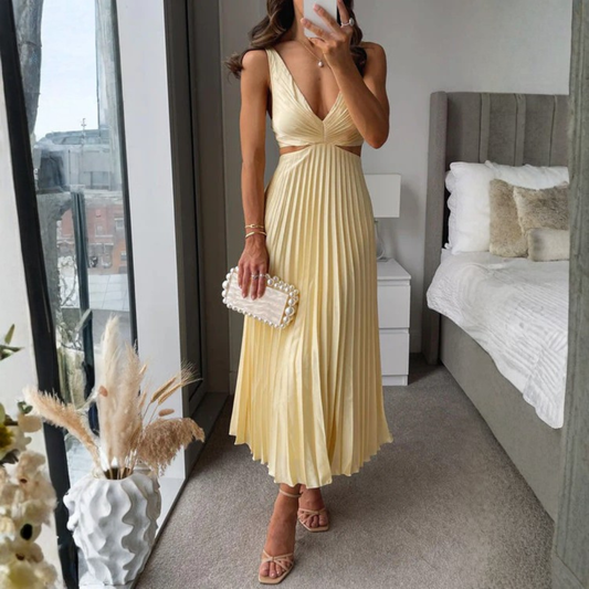 Vestido Hailey largo con pliegues y cuello en V para mujer