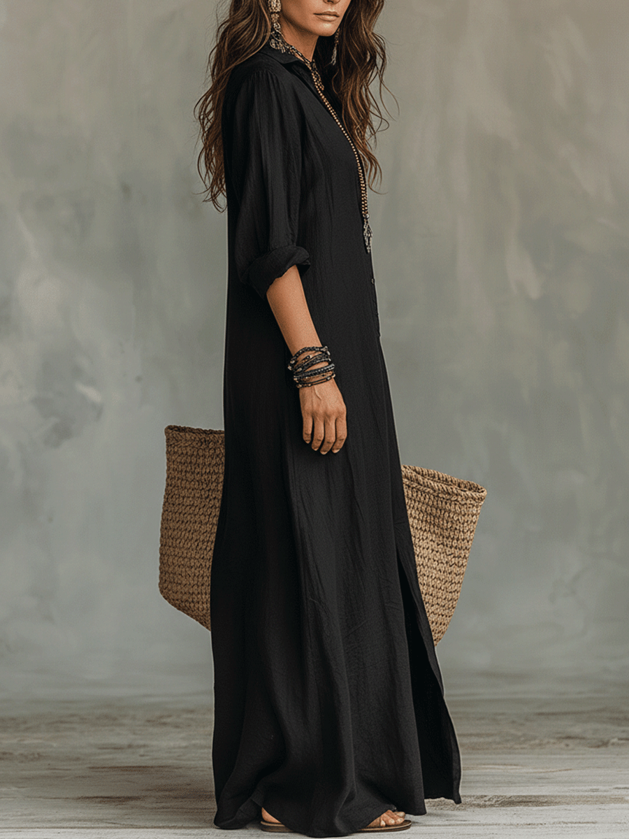 Vestido Largo Tipo Camisa con Botones en la Pare Delantera y Color Negro