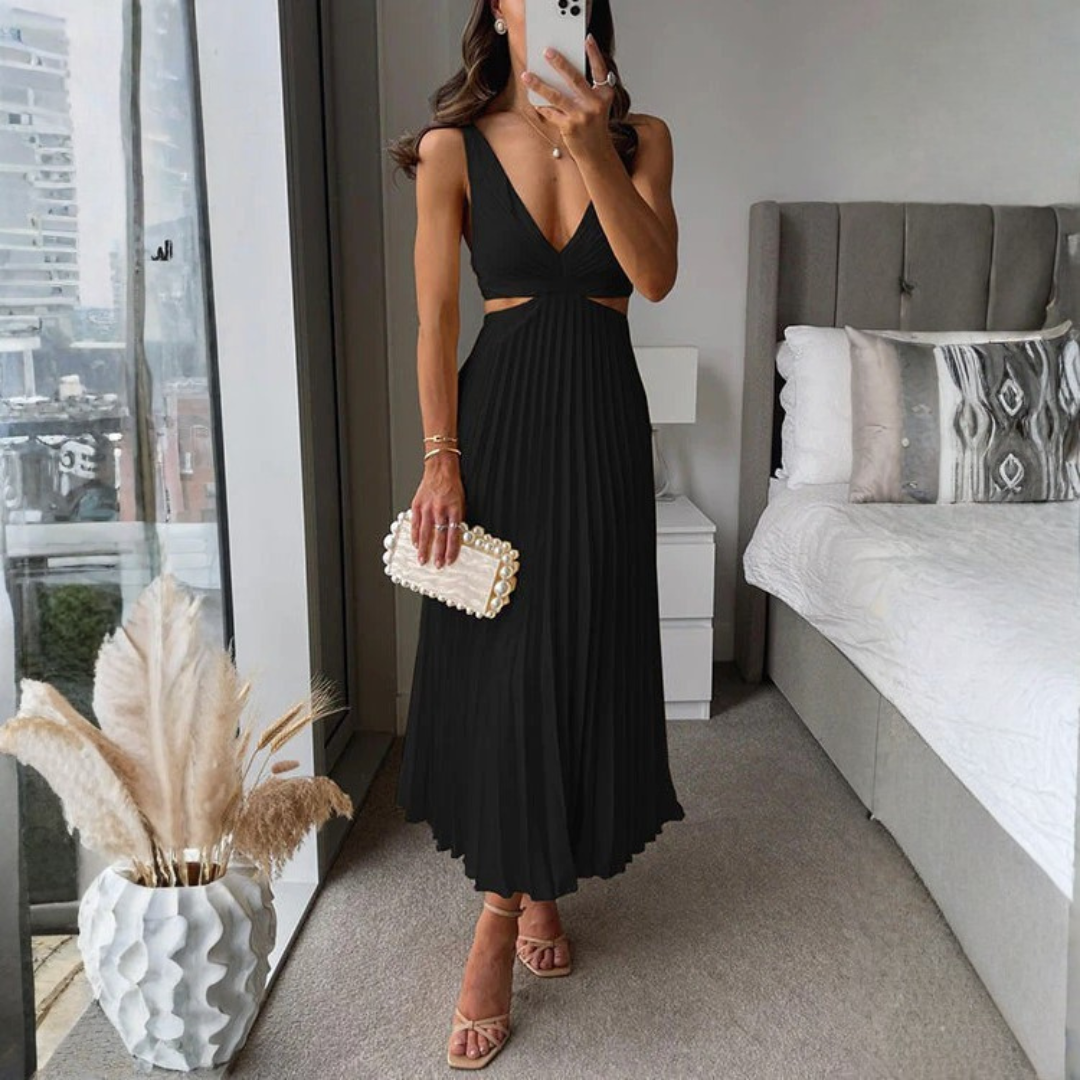 Vestido Hailey largo con pliegues y cuello en V para mujer