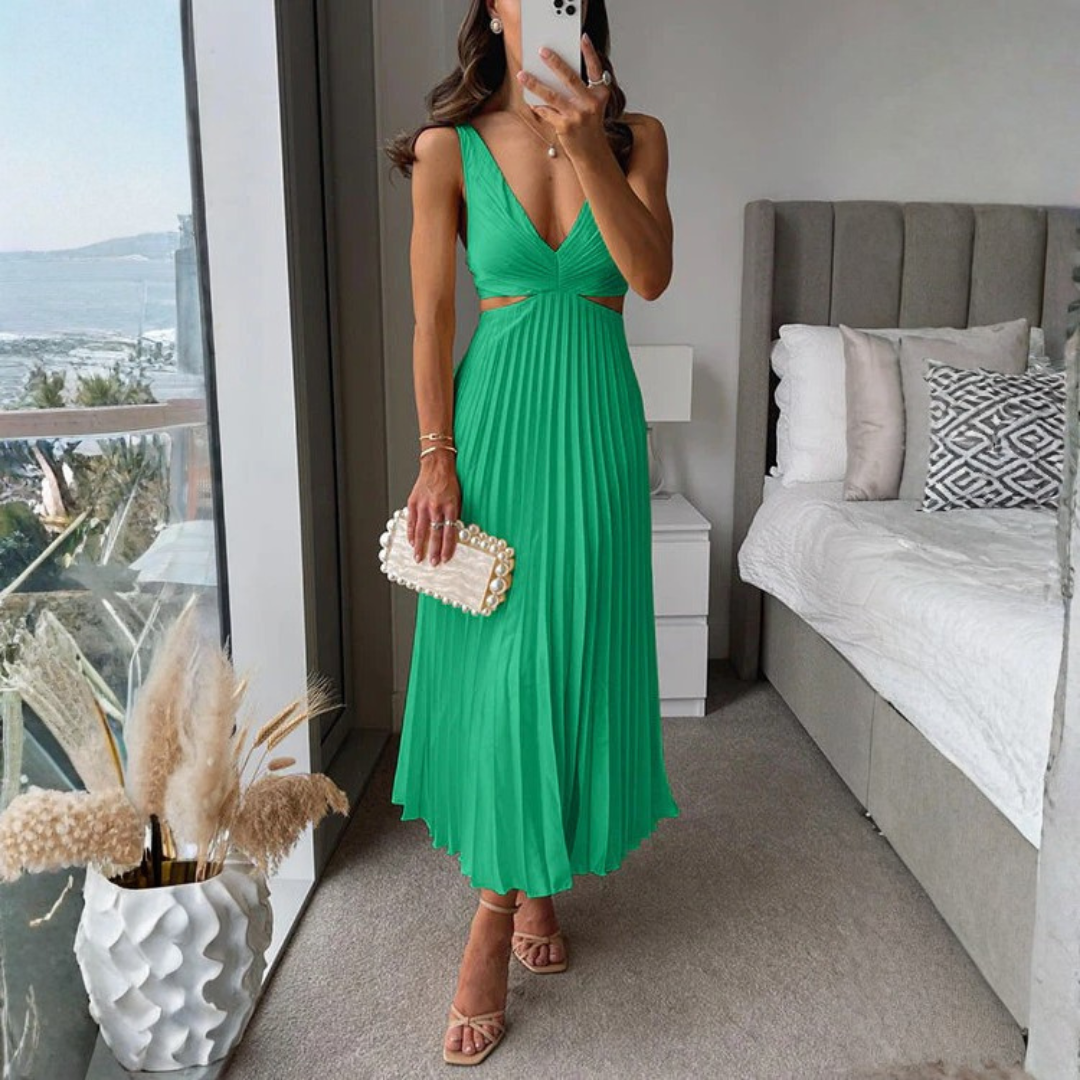 Vestido Hailey largo con pliegues y cuello en V para mujer