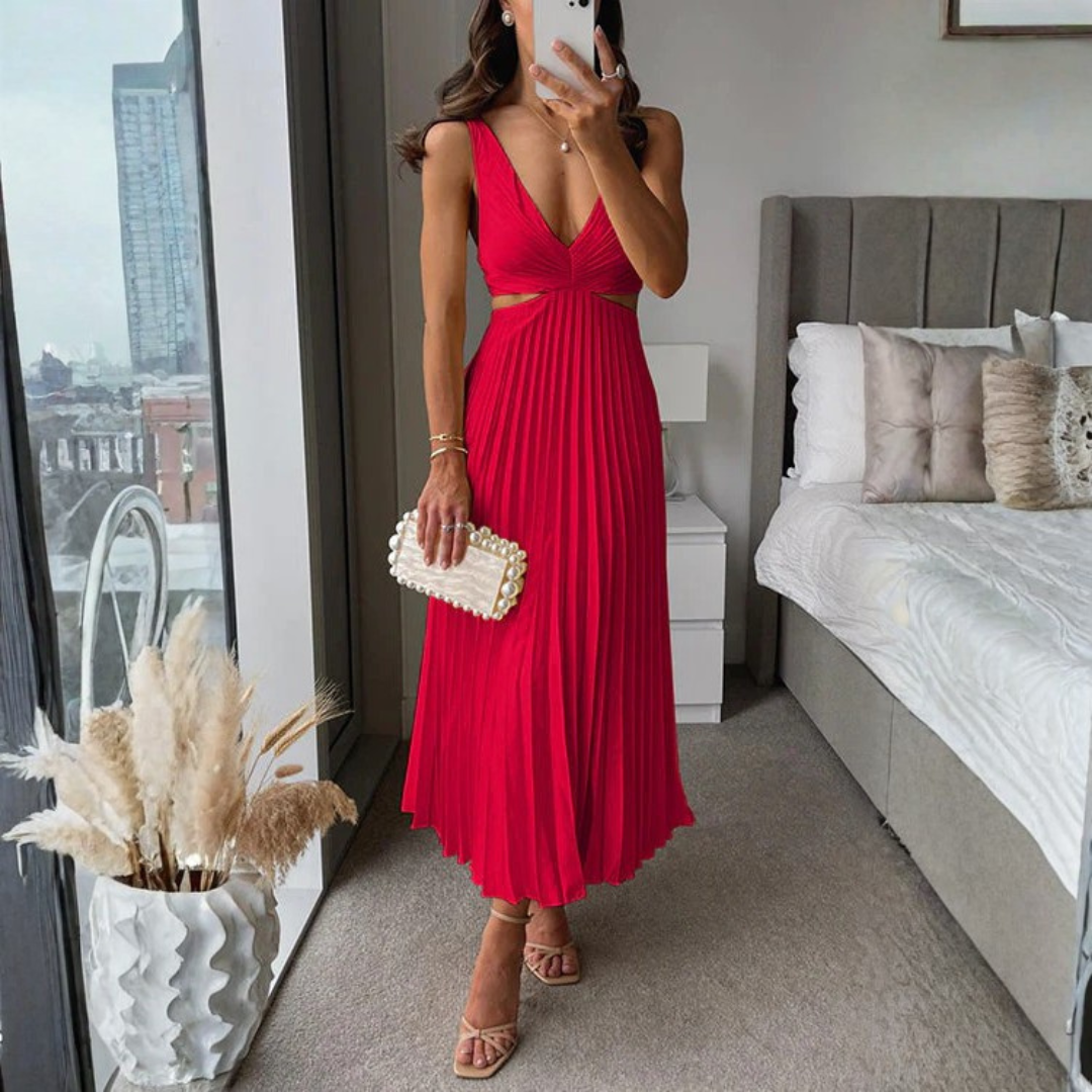 Vestido Hailey largo con pliegues y cuello en V para mujer
