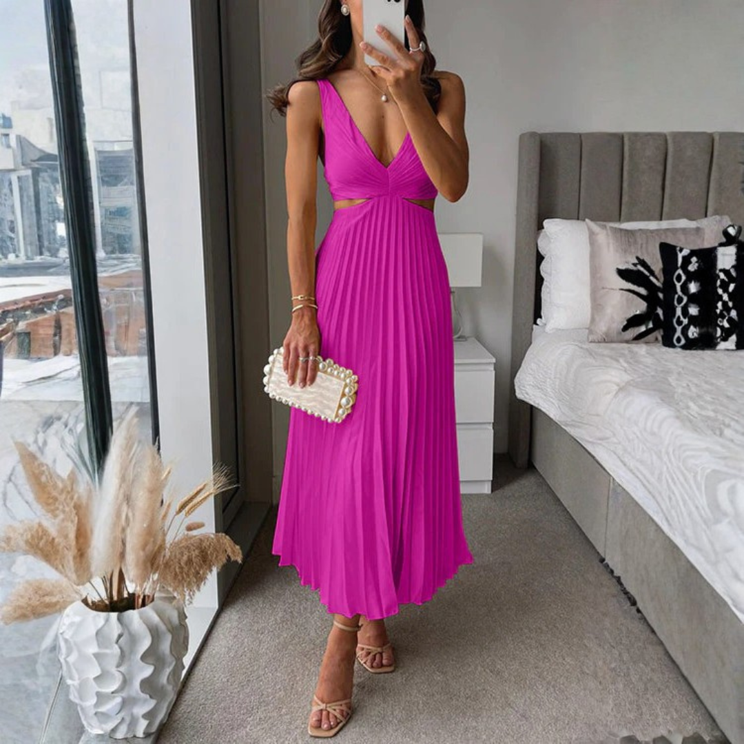 Vestido Hailey largo con pliegues y cuello en V para mujer