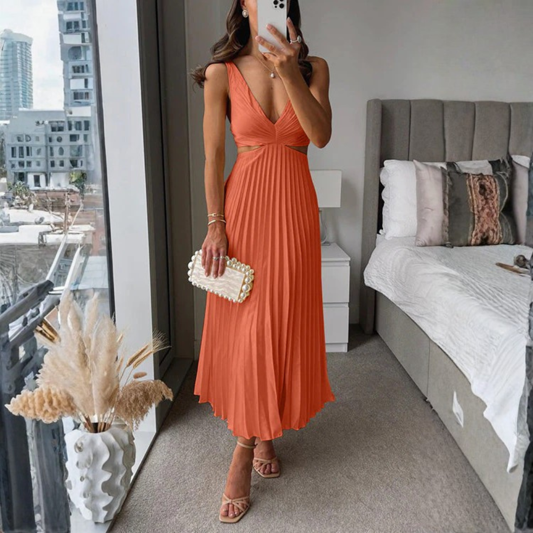 Vestido Hailey largo con pliegues y cuello en V para mujer