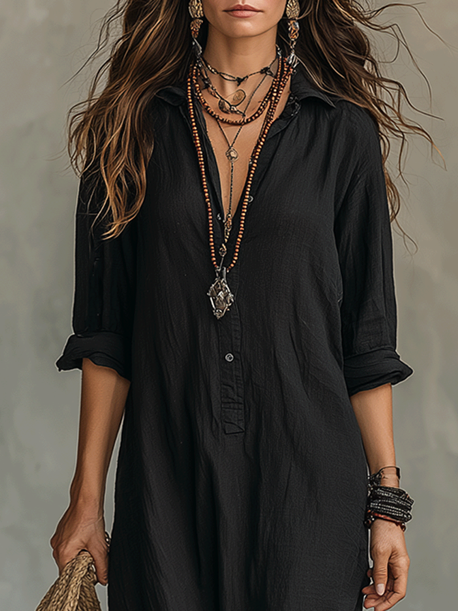 Vestido Largo Tipo Camisa con Botones en la Pare Delantera y Color Negro