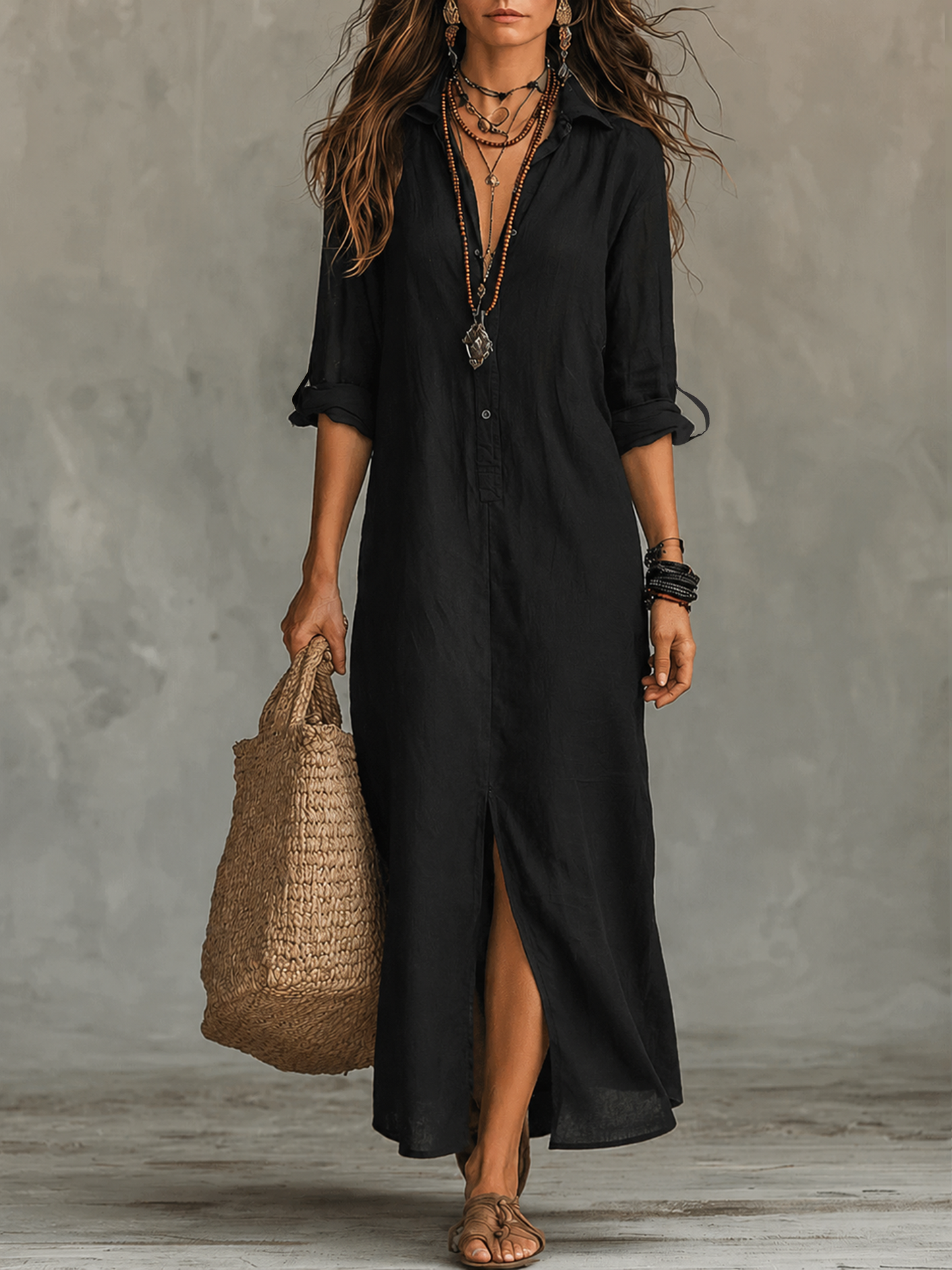 Vestido Largo Tipo Camisa con Botones en la Pare Delantera y Color Negro