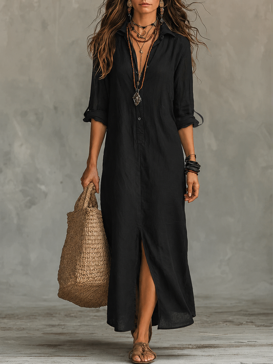 Vestido Largo Tipo Camisa con Botones en la Pare Delantera y Color Negro